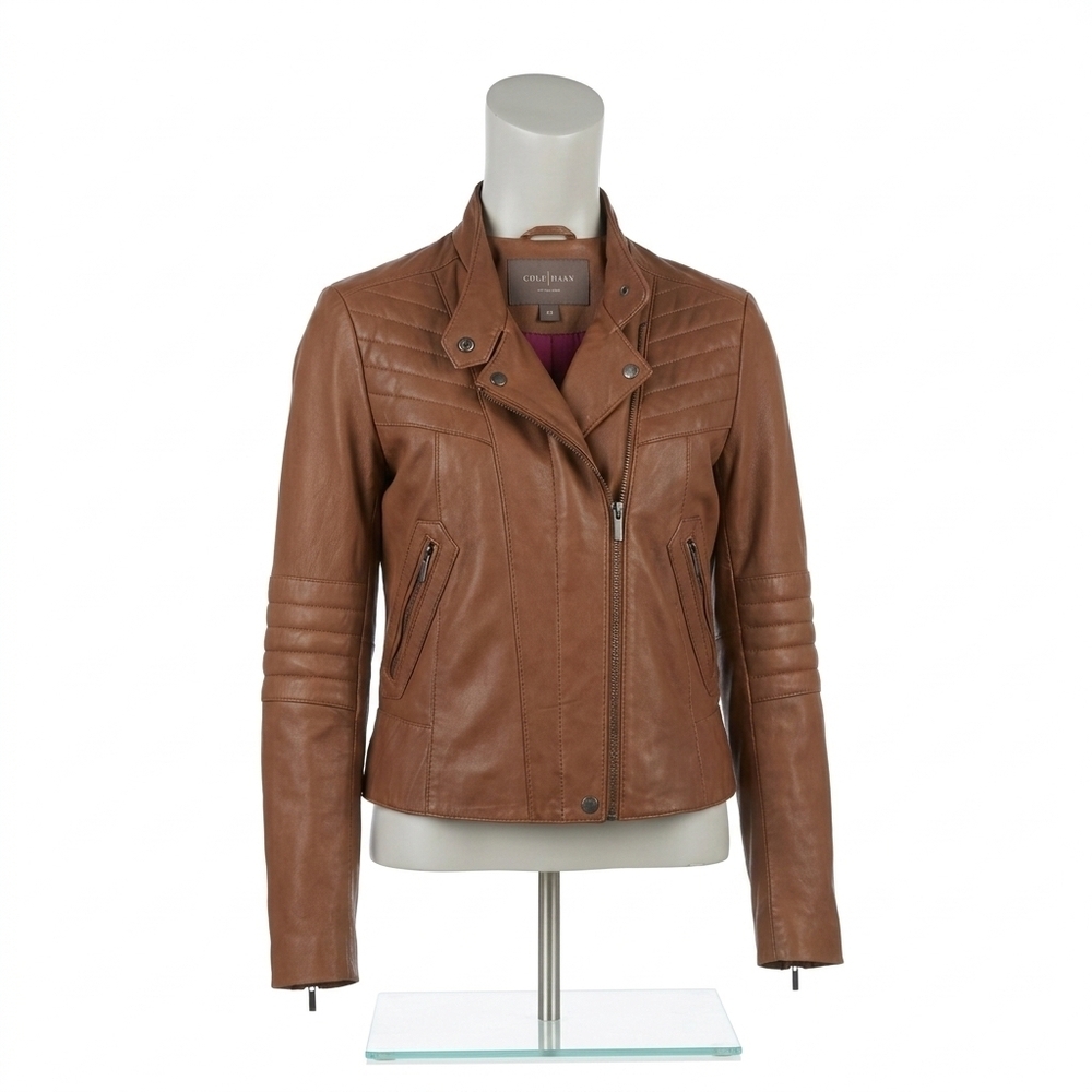 Cole Haan Women's Tan Moto Biker Bomber Leather Jacket Size XS